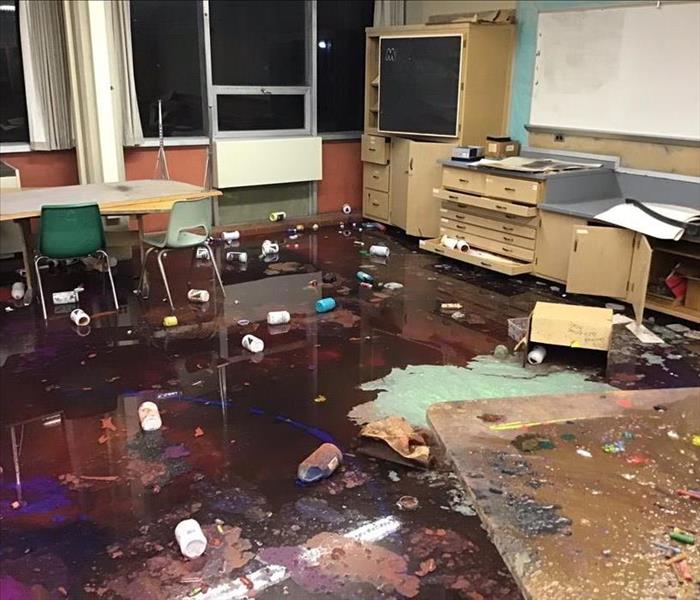 Classroom vandalized with water damage and paint