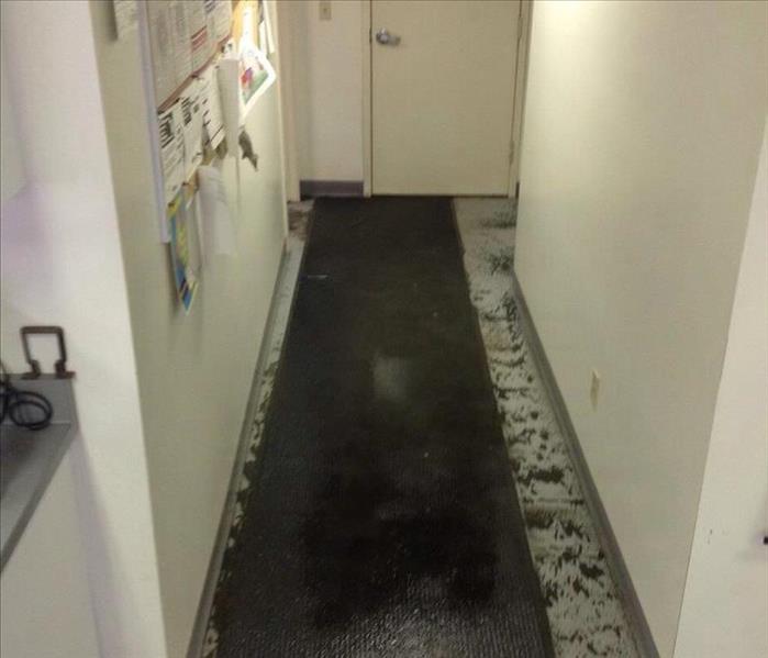Office hallway with raw sewage